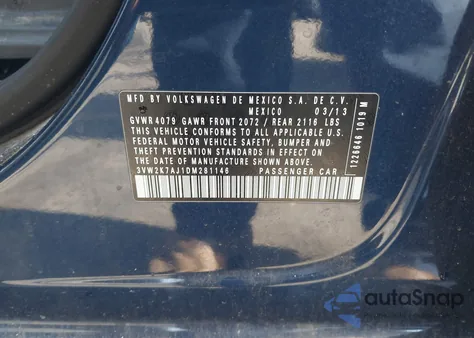 2013 Volkswagen Jetta 2.0L Base/2.0L S из США, поврежденный, VIN 3VW2K7AJ1DM281146